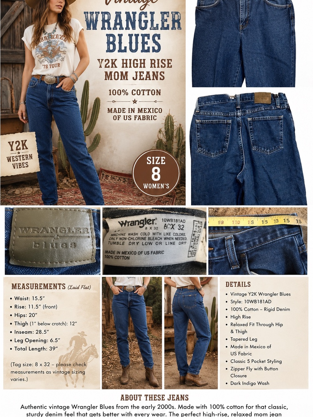 Vintage Y2K Wrangler Blues Jeans Women’s 8 High Rise 100% Cotton Western#51CL